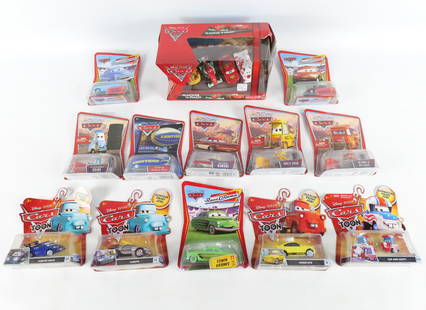 Lot of Disney Pixar Cars Diecast: Lot of Disney Pixar Cars Diecast. Including Racing 4-Pack, (4) Cars Toon, (3) Race O Rama,(4) The World of Cars, and Cars Lightyear Blimp. The 4-Pack is a damaged box. Other packaging has some wear fr