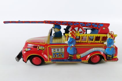 Vintage Tin Litho Friction Fire Truck with Retractable Ladder