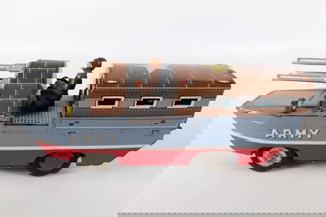 Vintage Tin Litho Army Boat: Vintage Tin Litho Army Boat. Made in Japan. Needs a little help to get started. Front wheel sticks. Measures All invoices must be paid within 24 hours of the sale. We offer multiple shipping options p