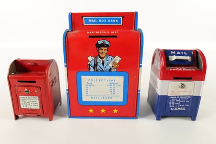Lot of 3 Tin Litho Mailbox Banks