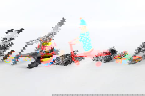 Lot of Tin Litho Toys: Lot of Tin Litho Toys. Including Wind Up Panda Drummer, Wind Up Clown on Red Scooter, and 2 Friction Motorcycles - Not Working Well. All invoices must be paid within 24 hours of the sale. We offer mul