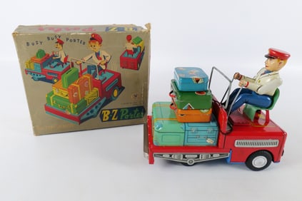 Vintage B-Z Porter Tin Litho Battery Operated Airport Lugger Toy
