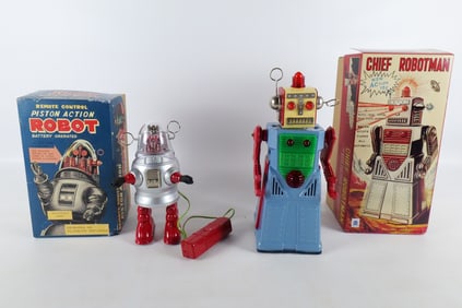 Lot of 2 Tin Litho Battery Operated Robots - Ha Ha Toys