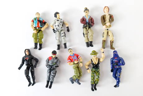 Lot of 9 Vintage GI Joe's Action Figures: Lot of 9 Vintage GI Joe's Action Figures. Including Bazooka, Cobra Commander, Low Light, Mainframe, Keel-Haul, Law & Order, Sergeant Slaughter, Baroness - Loose body but still attached, and Wolverine
