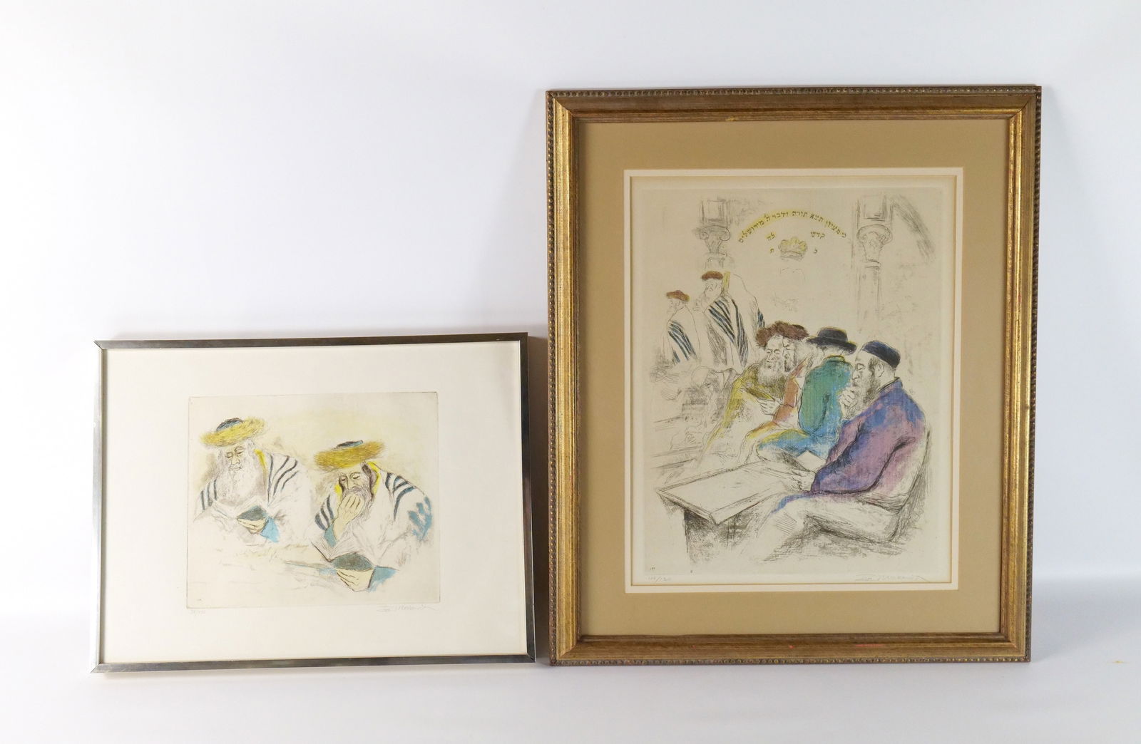 Lot of 2 Judaica Engravings by Ira Moskowitz: Lot of 2 Judaica Engravings by Ira Moskowitz (1912-2001). Lot includes Portrait of 2 Rabbi's Reading - #38/120 Pencil Signed Lower Right and Temple Scene - Pencil Signed Lower Right #106/120. Largest