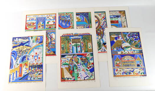 Set of Serigraphs by Raphael Abecassis: Set of Serigraphs by Raphael Abecassis (1953-). Entitled "The Suite of 8 Festivals" Artist Signed - Lower Right #200/250. Also has a raised seal. Measures 23.5" tall x 15.5" wide. All invoices must be