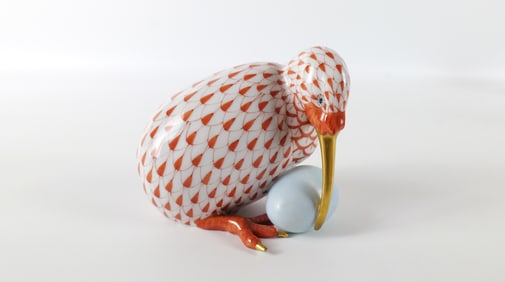 Herend Fishnet Porcelain Kiwi Bird with Egg Figurine