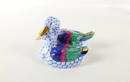 Herend Fishnet Porcelain Pair of Ducks Figurine