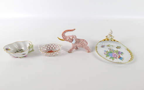 Group Lot of Herend Porcelain: Group Lot of Herend Porcelain. Including Rothchild Miniature Cup, Chinese Bouquet Miniature Basket, AS-IS Fishnet Elephant - Missing Tusk, and AS-IS Queen Victoria Dolphin Nappy Dish - Back fin needs