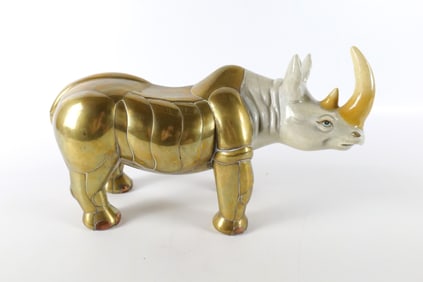 Porcelain with Brass and Copper Overlay Rhino Figurine