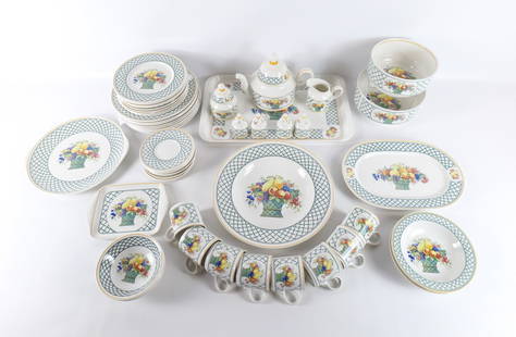 Villeroy & Bach Basket Dinnerware - 52 Pieces: Villeroy & Bach Basket Dinnerware - 52 Pieces. Including (8) Dinner Plates, (8) Cups and (8) Saucers, (8) Salad Plates, (4) Fruit Bowls, (2) Soup Bowls, (2) Pairs of Salt N Peppers, Teapot, Creamer,