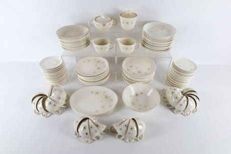 Mid Century Modern Royal China Dinnerware Set - Star Love - 128 Pieces: Mid Century Modern Royal China Dinnerware Set - Star Love - 128 Pieces. Including (24) Dinner Plates, (24) Fruit Bowls, (24) Bread Plates - 1 with Chip, (24) Cups, (24) Saucers, (2) Creamers, Sugar, H