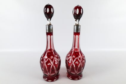 Pair of Ruby Cut to Clear Decanters