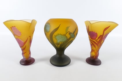 Lot of 3 Galle Style Cameo Glass Vases