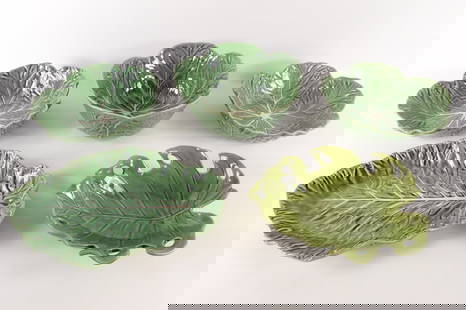 Group Lot of Cabbage Leaf Serving Pieces: Group Lot of Cabbage Leaf Serving Pieces. Including 4 Bordallo Pinheiro Made in Portugal Serving Pieces and 1 Made in China Monstera Leaf. The largest chip bowl does have a chip on the rim. Largest