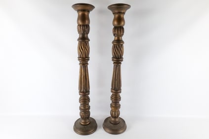 Pair of Carved Wood Pedestal Candlestick Holders
