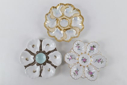 Group Lot of 3 Hand Painted Oyster Plates