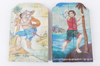 Lot of 2 Vintage Philippians Souvenir Saint Cristobal Paintings on Wooden Boards