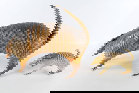 Lot of 2 Taxidermy Armadillos: Lot of 2 Taxidermy Armadillos. Larger Armadillo the Tip of tail has been taped back on and missing a few claws. The baby Armadillo has damage to back left leg and tail. Largest measures 9" tall x 16"