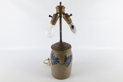19th Century Blue Paint Decorated Crock Bedside Table Lamp