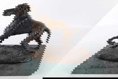 Bronze Sculpture of Hunting Dog: Bronze Sculpture depicting Hunting Pointer Dog. After Unknown Artist. Signed in the Bronze. 20th Century. Comes on marble base. Some chips on base. Measures 10" tall x 12" wide. All invoices must be p