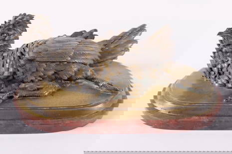 Victorian Resting Hen/Chicken Inkwell: Victorian Resting Hen/Chicken Figural Inkwell. Comes on Marble Base. Has cobalt blue insert. Stamped Leonard. Measures 4" tall x 10.5" long. All invoices must be paid within 24 hours of the sale. We o