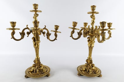 Pair of Gold Gilded Bronze Cherub Candelabras