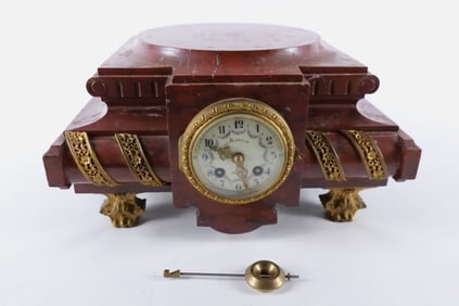 Red Marble Granite and Gold Gilt Mantle Clock