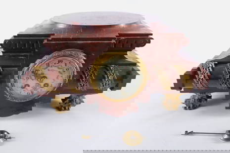 Red Marble Granite and Gold Gilt Mantle Clock: Red Marble Granite and Gold Gilt Mantle Clock. Has Porcelain Face with Gold Feet and Gold Designs. Measures 7.25" tall x 12.25" wide. All invoices must be paid within 24 hours of the sale. We offer mu