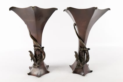 Pair of Japanese Bronze Fluted Dragon Vases