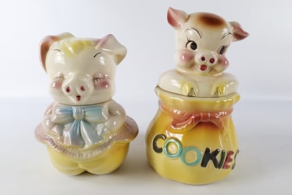 Lot of 2 Vintage 1950's Bisque Pig Cookie Jars