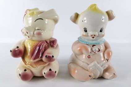 Lot of 2 Vintage 1950's Bisque Pig Cookie Jars