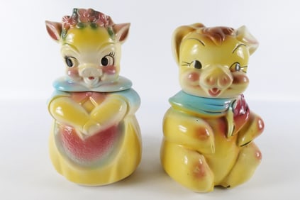 Lot of 2 Vintage 1950's Bisque Pig Cookie Jars