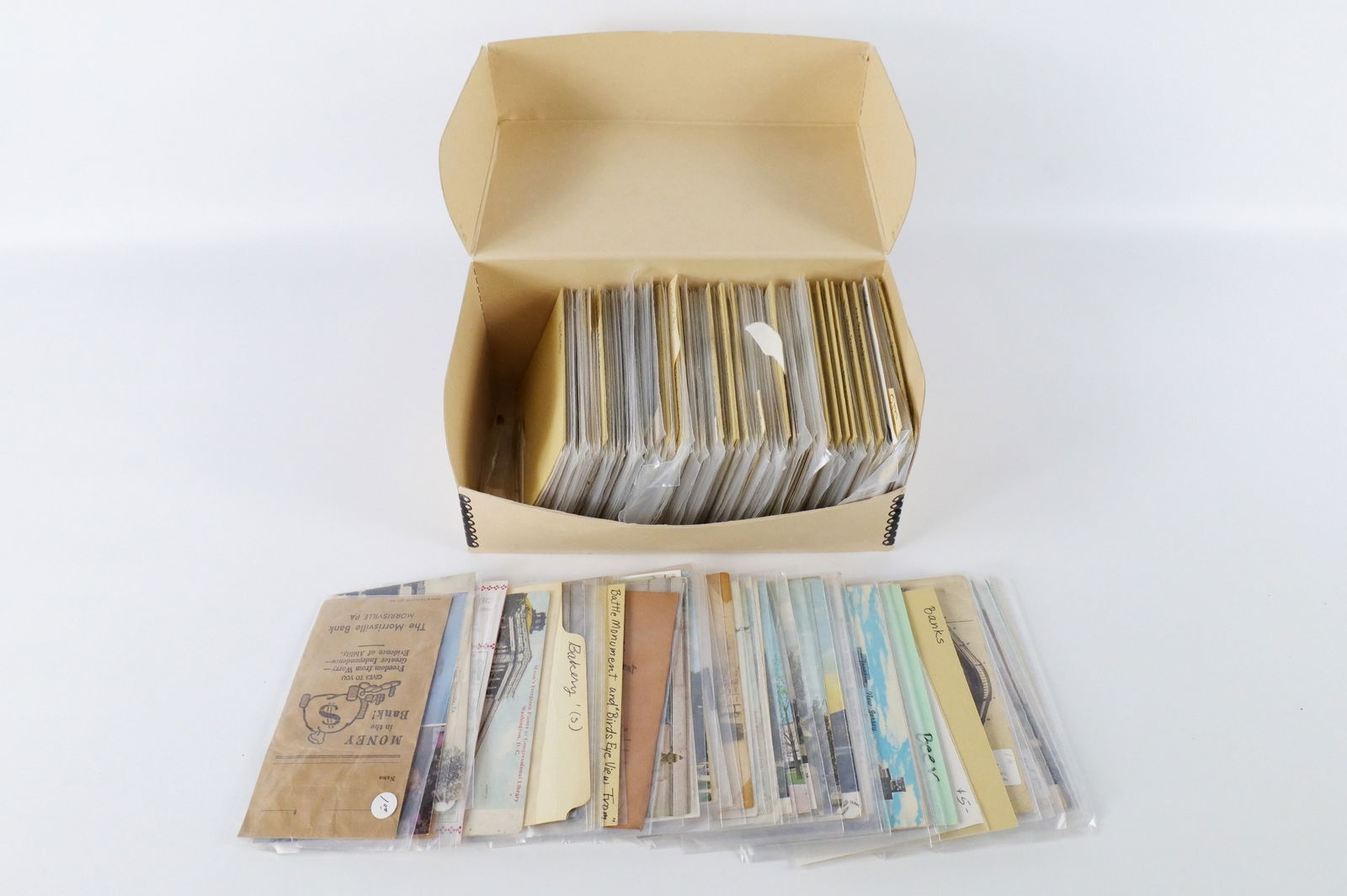 Box of Vintage Postcards: Box of Vintage Postcards. Including New Jersey Related Postcards and Some Advertising Cards. Including New Jersey State Prison, Trenton Barracks, NJ State Museum, Motels, Hotels, Mason Temple, Hospita