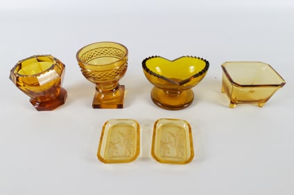 Lot of 6 Amber Glass Salt Cellars and Master Salts