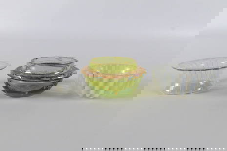 Lot of 3 Glass Salt Cellars: Lot of 3 Glass Salt Cellars. Including Opalescent, Green Handpainted Salt, and Striped Salt. Tallest measures 1". All invoices must be paid within 24 hours of the sale. We offer multiple shipping