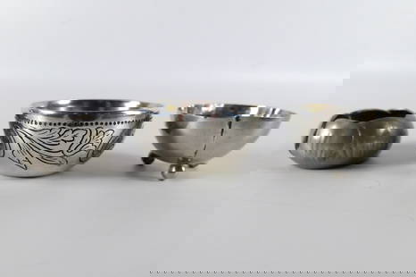 Lot of 3 Vintage Silver Salt Cellars: Lot of 3 Vintage Silver Salt Cellars. Including Art Nouveau Marked France, Askvoll Tinn Pewter Marked Norway, and Footed Silver Salt. Tallest measures 1". All invoices must be paid within 24 hours of
