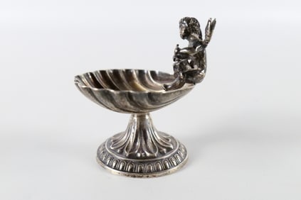 Antique Silver Scalloped Shape Salt Cellar with Cupid