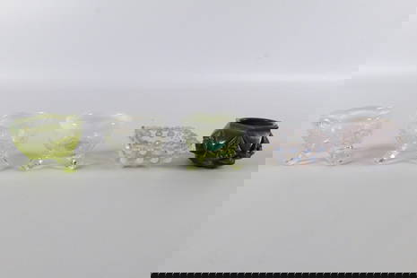 Lot of 5 Antique Glass Salt Cellars: Lot of 5 Antique Glass Salt Cellars. Including (2) Uranium Glass, Hobnail, Clear with White Rim, and Pressed Amethyst Custard. Tallest measures 1.5". All invoices must be paid within 24 hours of the s