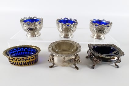 Lot of 6 Metal and Glass Open Salt Cellars/Master Salts