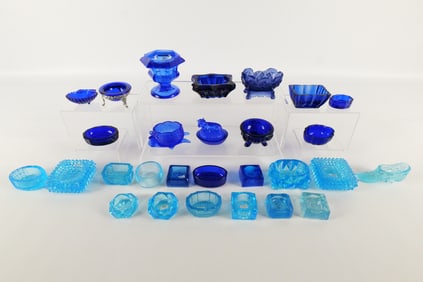 Lot of 28 Blue Colored Open Salt Cellars and Master Salts