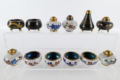 Lot of 12 Cloisonne Open Salt Cellars and Pepper Shakers