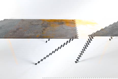 Mid Century Modern Wrought Iron Coffee Table/Plant Stand: Mid Century Modern Wrought Iron Coffee Table/Plant Stand. Has a nice swirl design on top. Heavy rusting present. Measures 15" tall x 40" long x 20" wide. All invoices must be paid within 24 hours of t