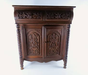Antique Hand Carved Rope Turn Supported Server/Foyer Table: Antique Hand Carved Rope Turn Supported Server/Foyer Table. Part of the molding is missing on right side. Has some other minor molding missing. Measures 34.5" tall x 29" wide x 15" deep. All invoices