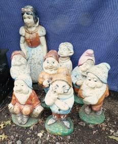 Vintage Snow White and The Seven Dwarfs Outdoor Concrete Garden Set