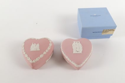 Lot of 2 Wedgwood Pink and White Jasperware Heart Shaped Trinket Boxes
