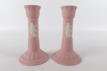 Pair of Wedgwood Pink Jasper Dancing Hours Candlesticks