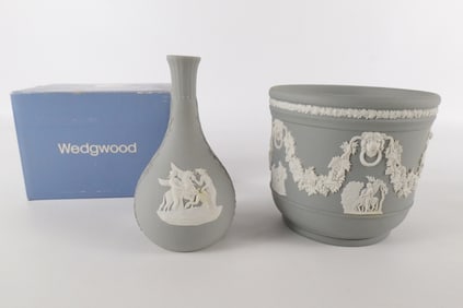 Lot of 2 Wedgwood White on Grey Jasperware Vases