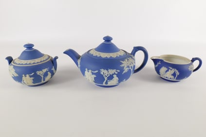 Lot of 3 Antique Wedgwood Cobalt Blue Jasperware Pieces