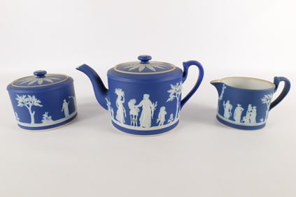 Lot of 3 Antique Wedgwood Cobalt Blue Jasperware Pieces